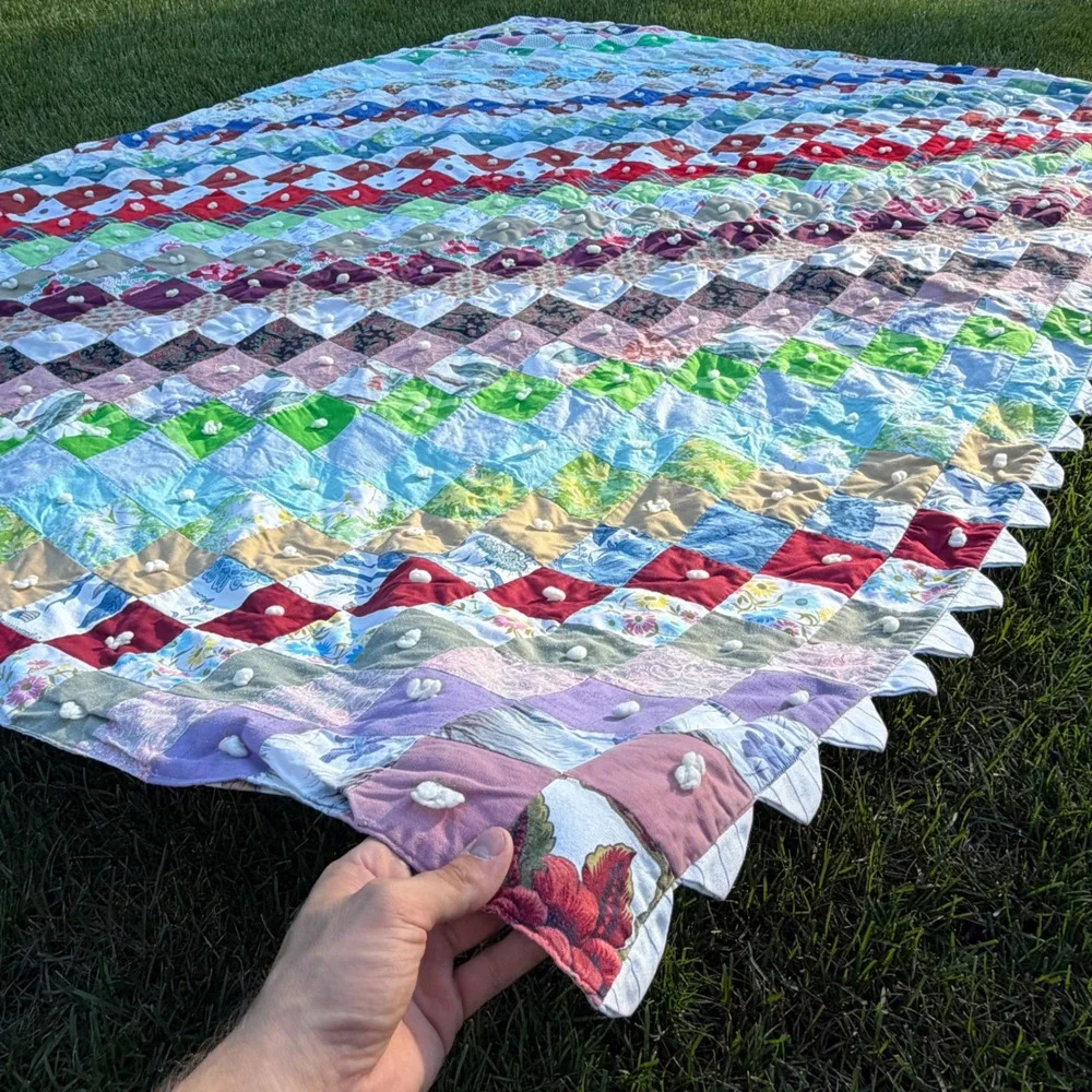 Handmade Patchwork Quilt Multi Color Scrap Scalloped Edge Tufted Farmhouse 88x73